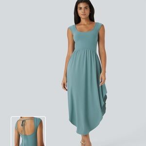 NWT Halara Breezeful™ U Neck Small Cap Sleeve Backless Tie Back Asymmetric Dress
